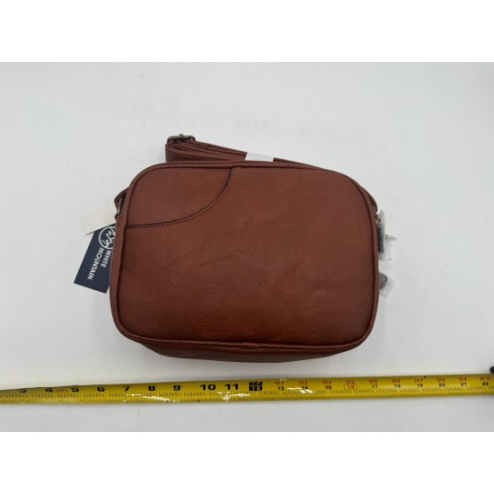 Brown Embroidered Faux Leather Shoulder Bag with Multiple Zip Compartments