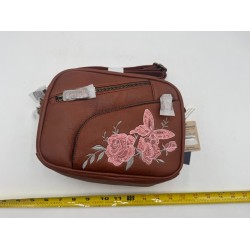 Brown Embroidered Faux Leather Shoulder Bag with Multiple Zip Compartments