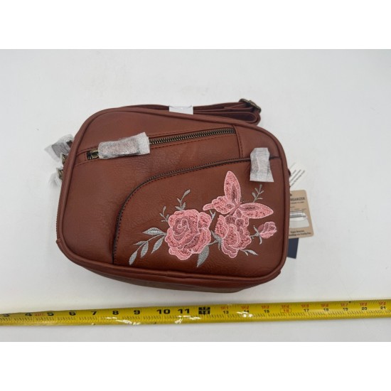 Brown Embroidered Faux Leather Shoulder Bag with Multiple Zip Compartments