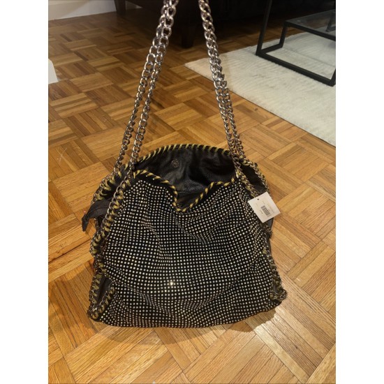 Black Studded Tote Bag with Chain Straps and Gold Tone Trim