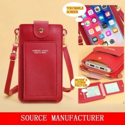 Touchscreen Phone Wallet Crossbody Bag, Red Faux Leather, ID Window, Shoulder Strap