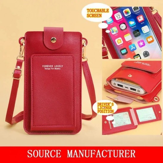 Touchscreen Phone Wallet Crossbody Bag, Red Faux Leather, ID Window, Shoulder Strap
