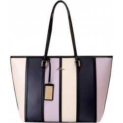 Multicolor Faux Leather Tote Bag with Striped Panels and Shoulder Straps
