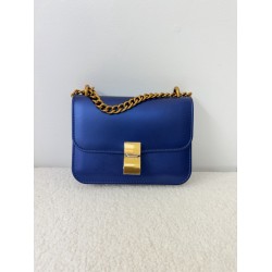 Blue Faux Leather Flap Crossbody Bag with Gold Tone Chain Strap and Clasp