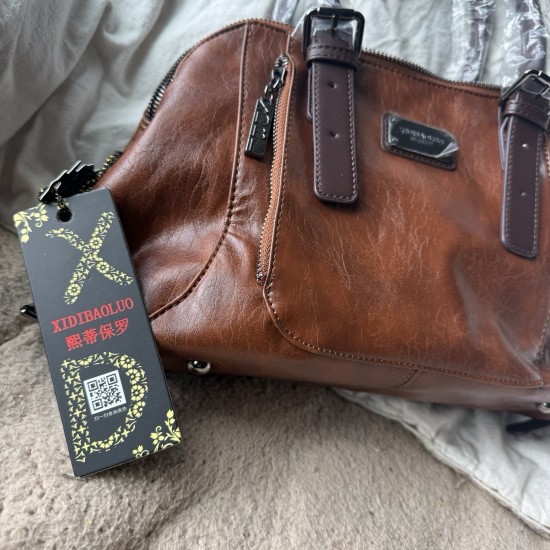 Brown Faux Leather Satchel Handbag, Double Top Handles, Detachable Shoulder Strap, Zipper Closure