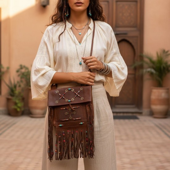 Leather Fringe Crossbody Bag with Colorful Beaded Accents, Brown