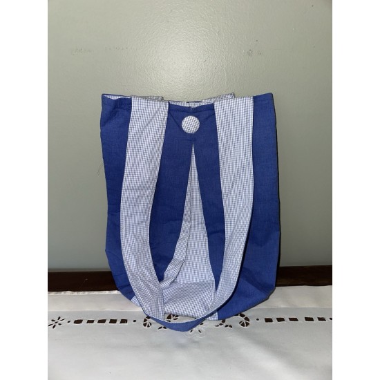 Handmade Blue Cotton Tote Bag with Gingham Panel and Button Closure
