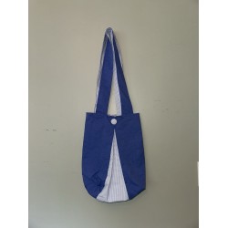 Handmade Blue Cotton Tote Bag with Gingham Panel and Button Closure