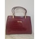 Burgundy Crocodile Embossed Faux Leather Handbag with Top Handles and Gold Tone Hardware