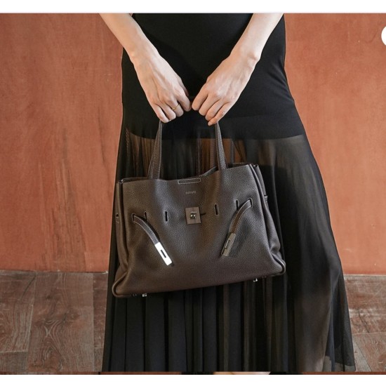 Leather Shoulder Tote Bag, Cacao Brown, Textured Finish, Belt Detail