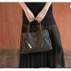 Leather Shoulder Tote Bag, Cacao Brown, Textured Finish, Belt Detail