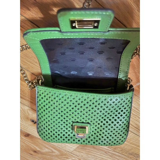 Perforated Leather Mini Crossbody Clutch Bag, Green, Gold-Tone Hardware