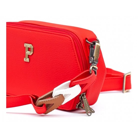 Red Pebbled Crossbody Bag with Gold Tone Hardware