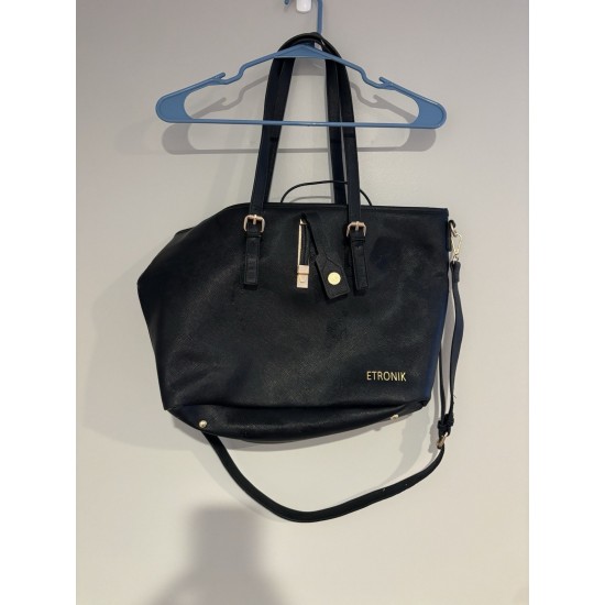 Black Tote Bag with Gold-Tone Hardware, Shoulder Strap and USB Port