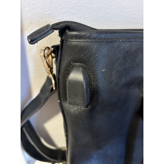 Black Tote Bag with Gold-Tone Hardware, Shoulder Strap and USB Port