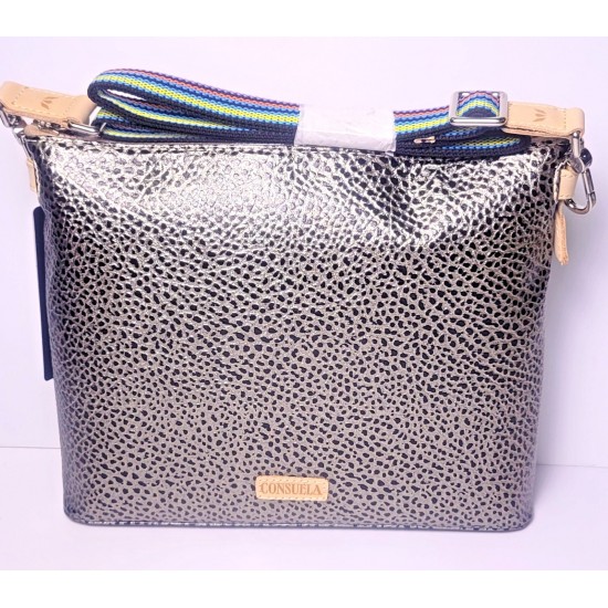 Animal Print Crossbody Bag with Multicolor Striped Shoulder Strap, Metallic Finish, Zipper Closure