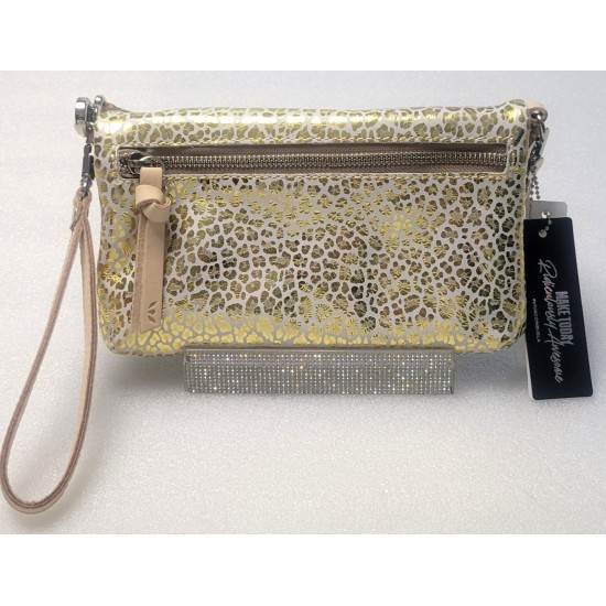 Leopard Print Crossbody Bag with Detachable Striped Strap and Wristlet Strap
