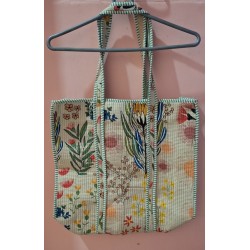 Quilted Floral Print Tote Bag, Cotton Fabric, Green Stripe Trim, Long Shoulder Straps