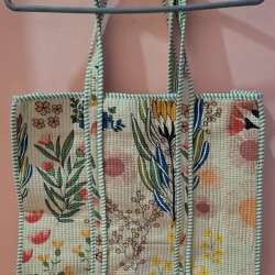 Quilted Floral Print Tote Bag, Cotton Fabric, Green Stripe Trim, Long Shoulder Straps