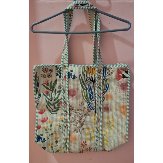 Quilted Floral Print Tote Bag, Cotton Fabric, Green Stripe Trim, Long Shoulder Straps