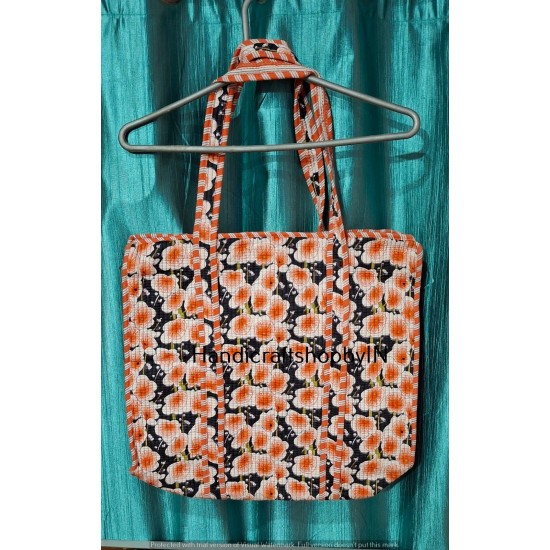 Quilted Floral Tote Bag, Orange and White Cotton Shoulder Bag