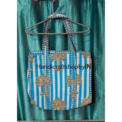 Quilted Cotton Tote Bag, Blue Striped Palm Tree Print, Shoulder Handles
