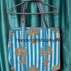 Quilted Cotton Tote Bag, Blue Striped Palm Tree Print, Shoulder Handles