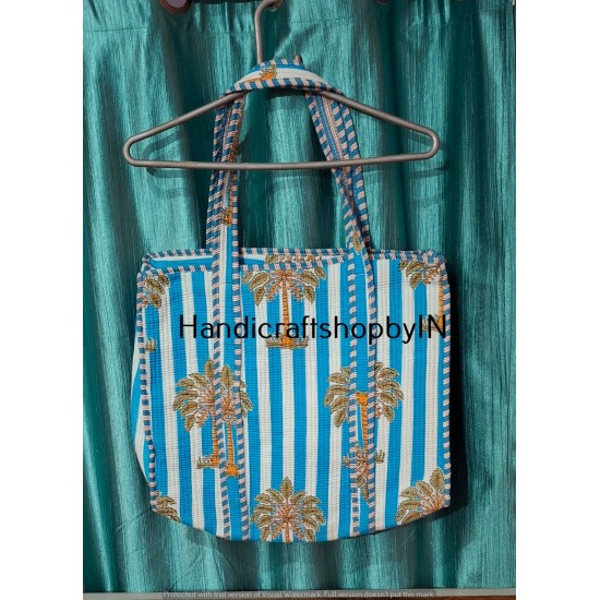 Quilted Cotton Tote Bag, Blue Striped Palm Tree Print, Shoulder Handles