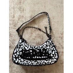 Animal Print Shoulder Bag with Chain Strap, Black and White Faux Leather, Zip Closure