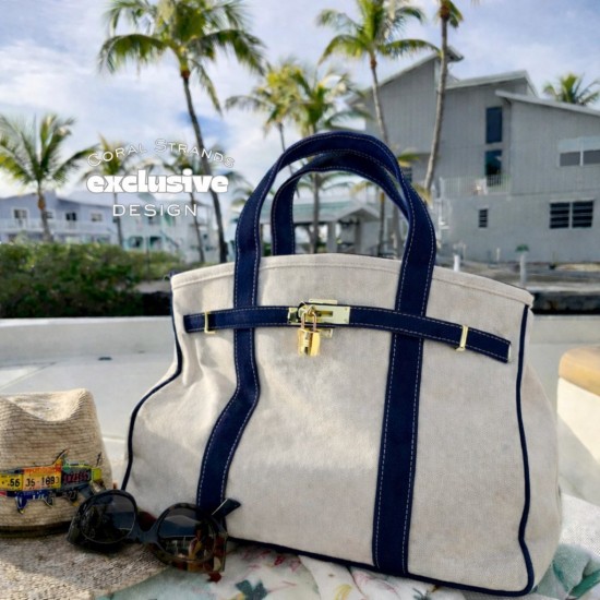 Large Canvas Tote Bag, Natural Beige with Navy Trim and Gold-Tone Lock