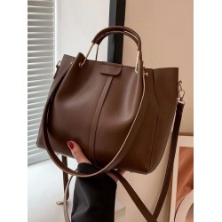 Brown Leather Tote Shoulder Bag with Top Handles and Detachable Strap