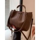 Brown Leather Tote Shoulder Bag with Top Handles and Detachable Strap