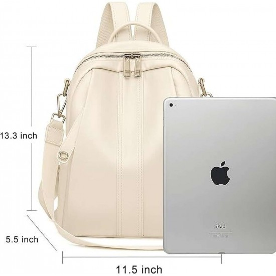Leather Laptop Backpack, 25L, Beige, Zipper Closure, Convertible Shoulder Straps