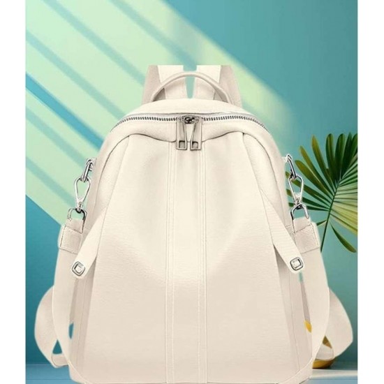 Leather Laptop Backpack, 25L, Beige, Zipper Closure, Convertible Shoulder Straps