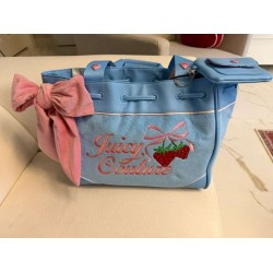 Blue Canvas Tote Bag with Strawberry Embroidery, Pink Bow and Coin Purse
