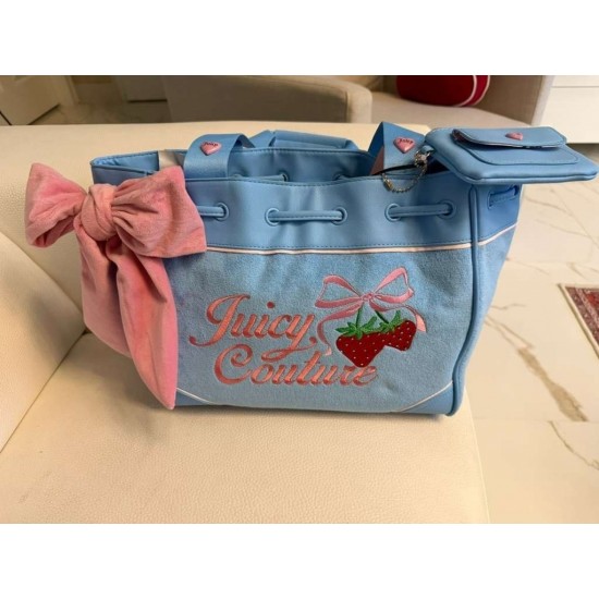 Blue Canvas Tote Bag with Strawberry Embroidery, Pink Bow and Coin Purse