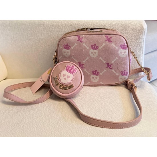 Pink Skull Print Crossbody Bag with Chain Accent and Coin Purse