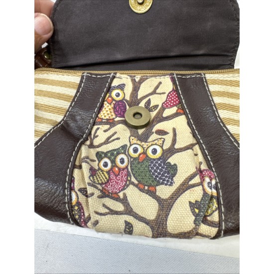 Owl Wristlet Clutch Purse, Faux Leather, Multicolor Patchwork Print, Small Size