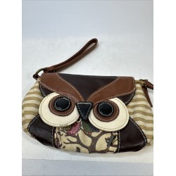 Owl Wristlet Clutch Purse, Faux Leather, Multicolor Patchwork Print, Small Size