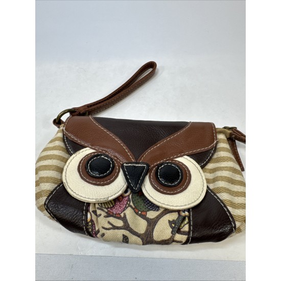 Owl Wristlet Clutch Purse, Faux Leather, Multicolor Patchwork Print, Small Size