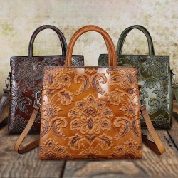 Embossed Leather Tote Handbag with Crossbody Strap, Floral Pattern, Multiple Colors