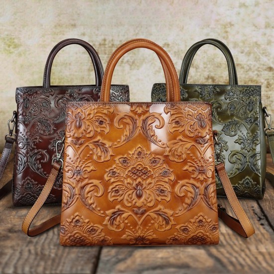 Embossed Leather Tote Handbag with Crossbody Strap, Floral Pattern, Multiple Colors