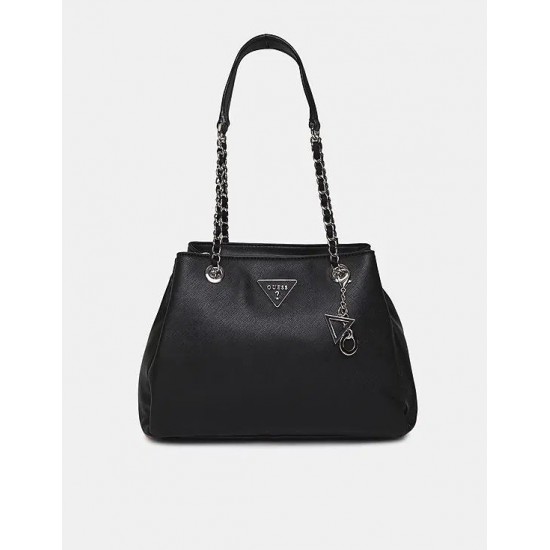 Black Textured Faux Leather Chain Strap Tote Satchel Handbag