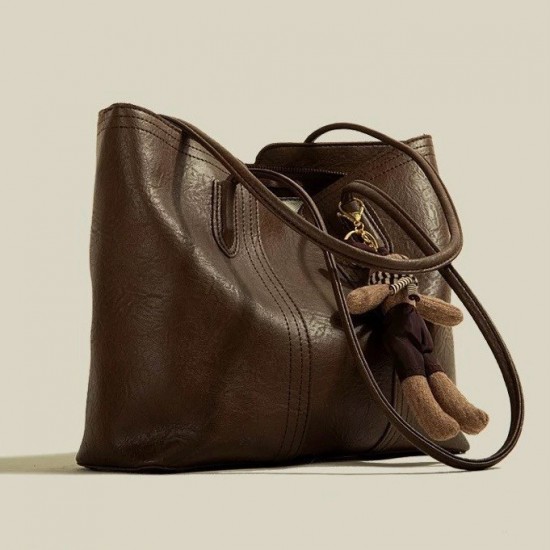 Brown Faux Leather Tote Bag with Shoulder Straps and Interior Dividers